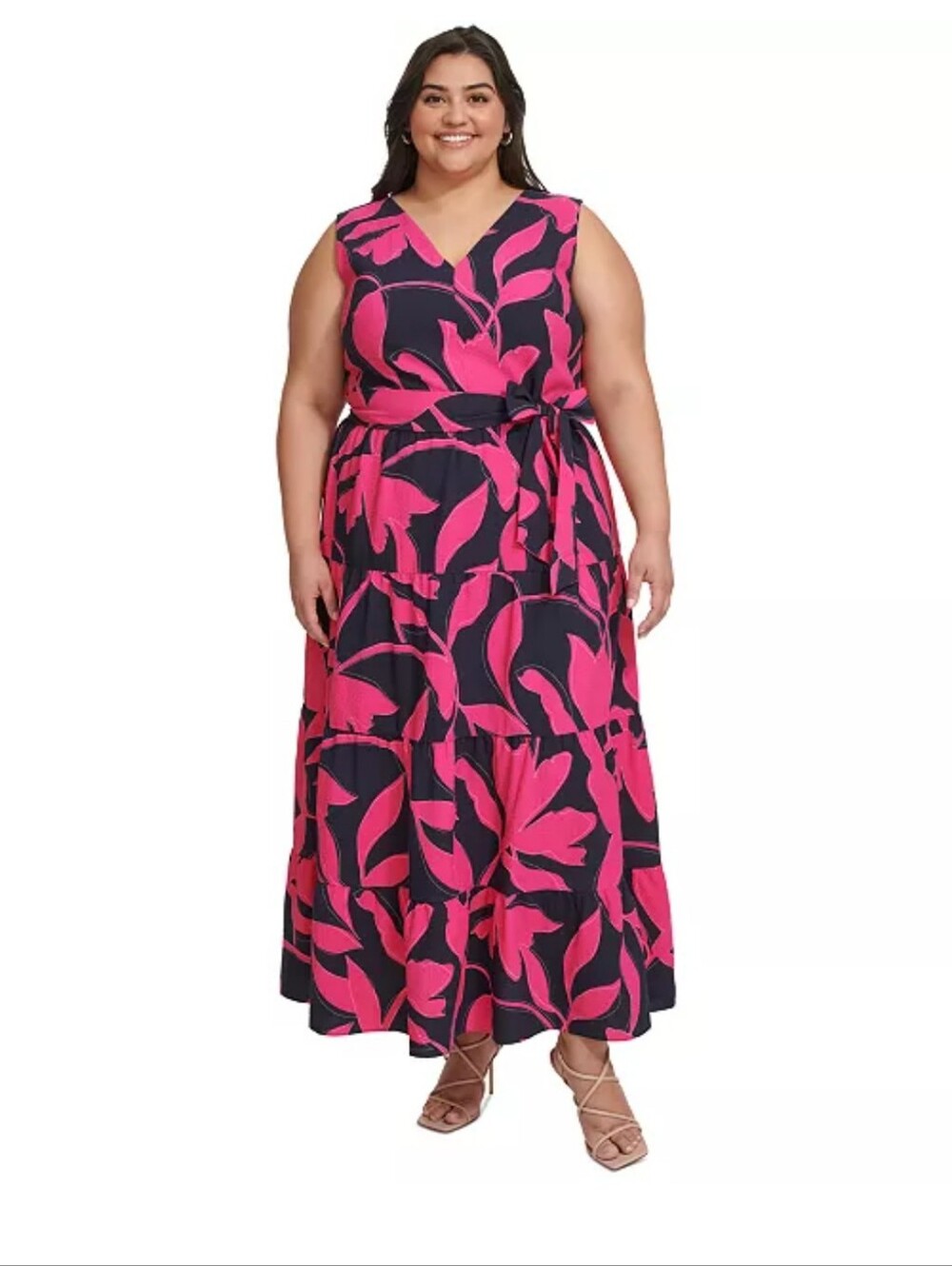 NWT DKNY $134 Pink Navy Floral Sleeveless Belted Maxi Dress Size 10 Wrap V-Neck